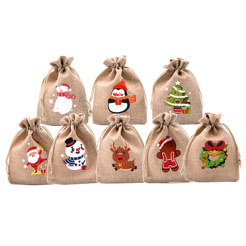1 Túi Dây Rút Đựng Quà Giáng Sinh Bằng Vải Lanh Cotton Tái Sử Dụng Được