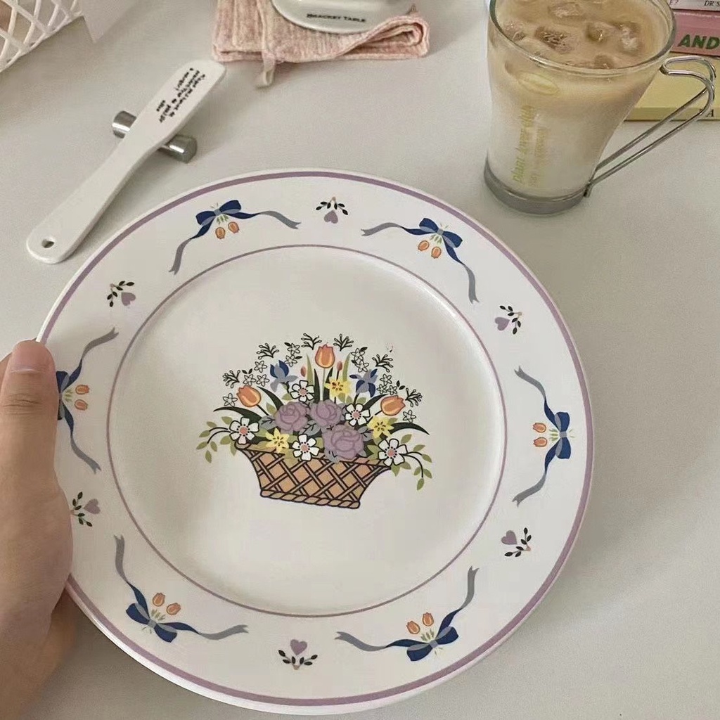 Đĩa Sứ Tròn Họa Tiết Hoa Dễ Thương Phong Cách Hàn Quốc