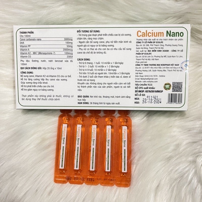 Calcium Nano hộp 20 ống - Bổ sung canxi, vitamin K2, vitamin D3, tăng cường canxi, giảm nguy cơ loãng xương