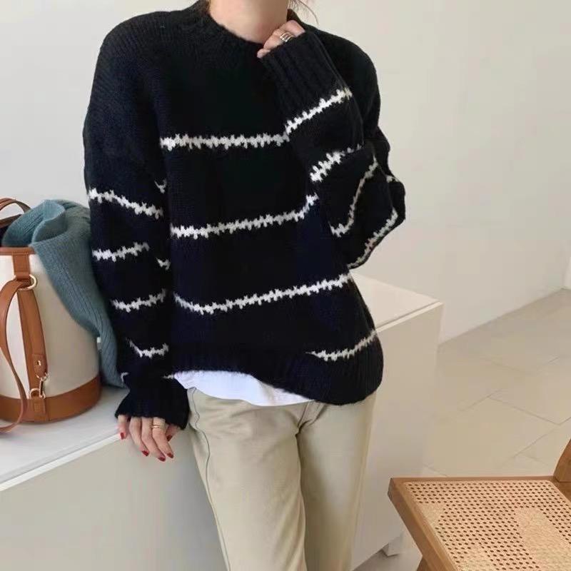 MS853 Áo len nữ ấm kẻ ngang cổ tròn siêu dày dặn