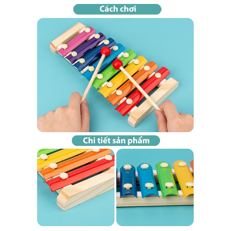 Đồ Chơi Bằng Gỗ Cho Bé, Đàn Xylophone 8 thanh, Tháp Gỗ Cầu Vồng, giúp bé vui chơi, phát triển trí tuệ và các giác quan