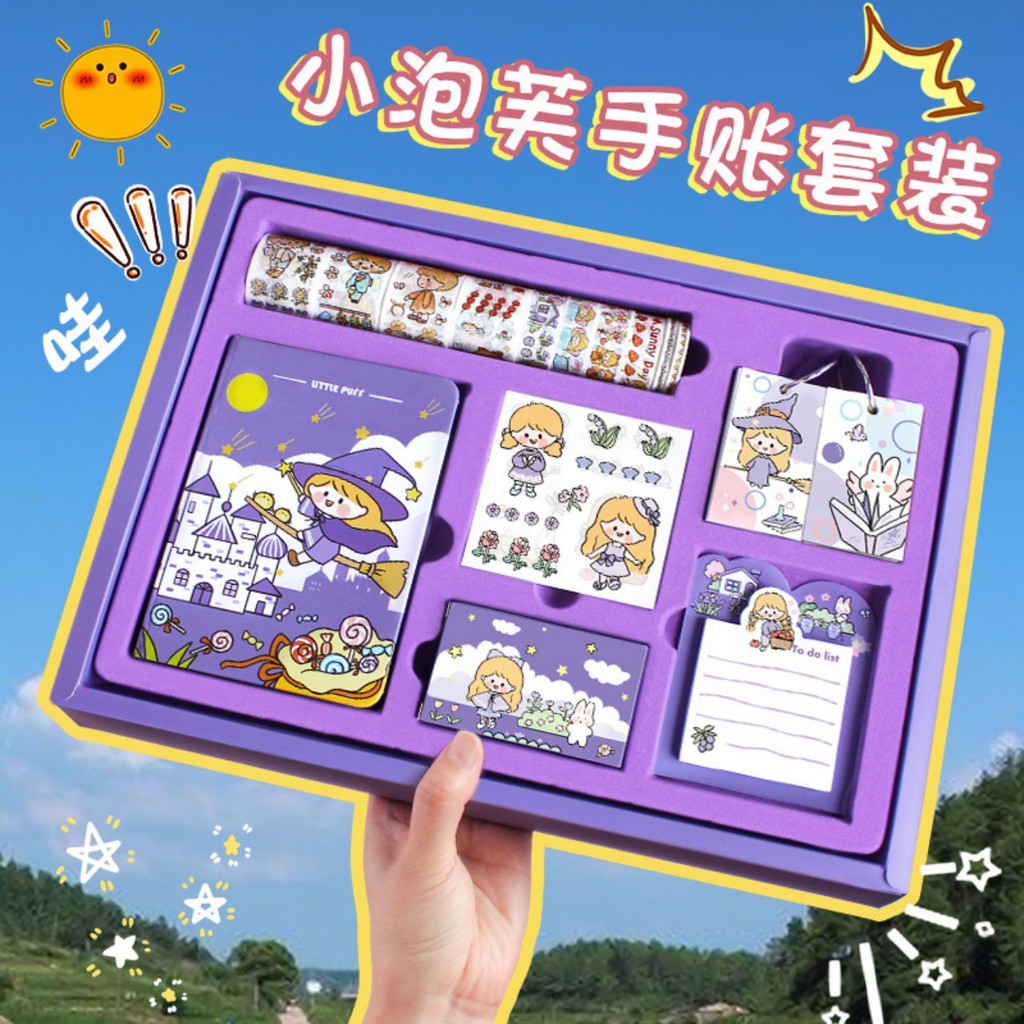 Hộp Quà Tặng Washi tape kèm sổ sticker kẹp giấy và giấy note xinh Decor Bullet Journal Takenote 17 mẫu WS15