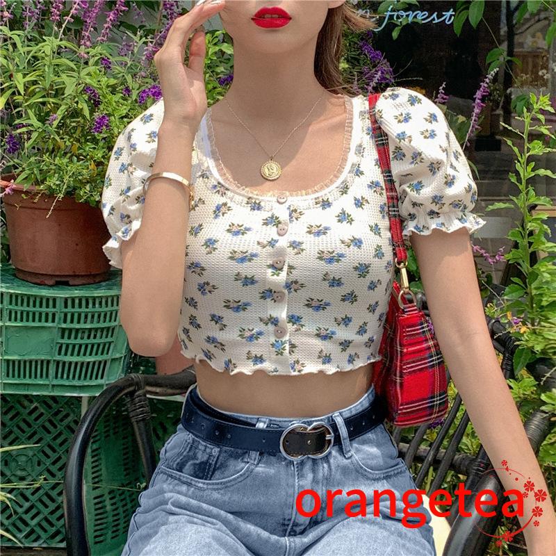 Ladies Floral Print Round Neck Ruffle Short Sleeve T-shirts