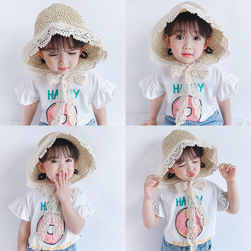 Mũ cói đi biển cho bé gái vòng đầu nón 48Cm và 52Cm có dây rút điều chỉnh vừa vòng đầu