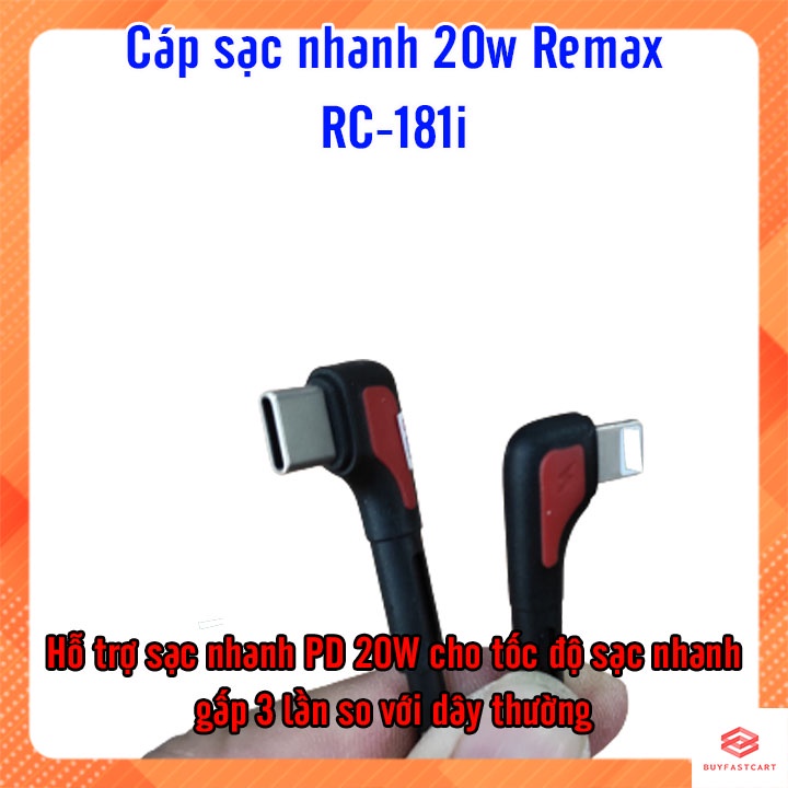 Cáp Sạc Nhanh Gaming 2 Đầu Chữ L Remax RC-181i Zenax Series Chuẩn PD Max 20W Type C ra Lighning