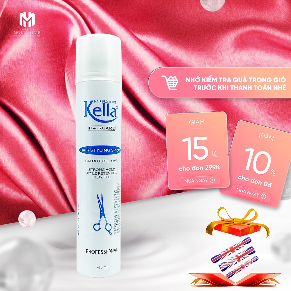 Keo xịt tóc giữ nếp nam nữ Mollyhair Kella, Nanocomplex giữ nếp 24h - 420ml