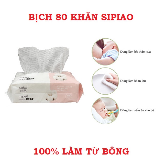 Gói 80 khăn mặt khô/ khăn lau tẩy trang đa năng Sipiao khổ 20 x 20 cm