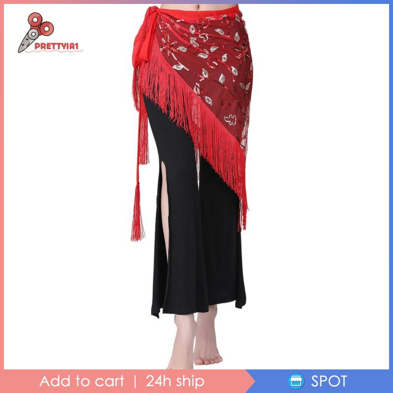 [Prettyia1] Thắt Lưng Dây Xích Tua Rua Bằng Vải Voan Đính Kim Sa Màu Đỏ Hóa Trang Múa