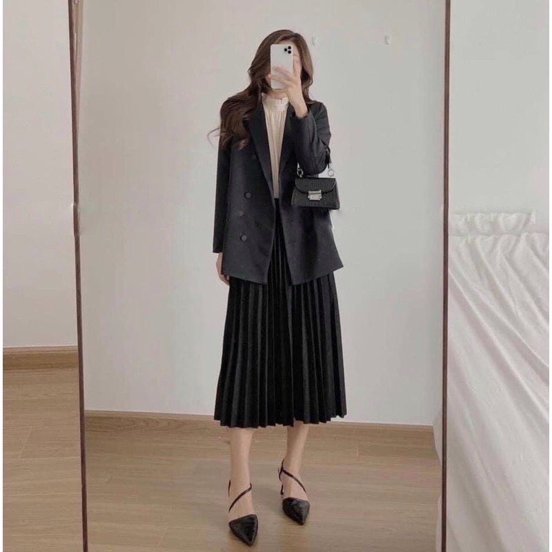 Chân váy xếp ly đen Hàn Quốc Midi dáng dài xếp li nữ tính Junnie Closet | BigBuy360 - bigbuy360.vn