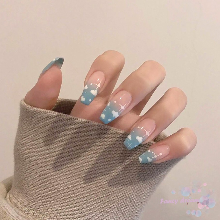 Set 24 Móng Tay Giả Họa Tiết Mây Xanh