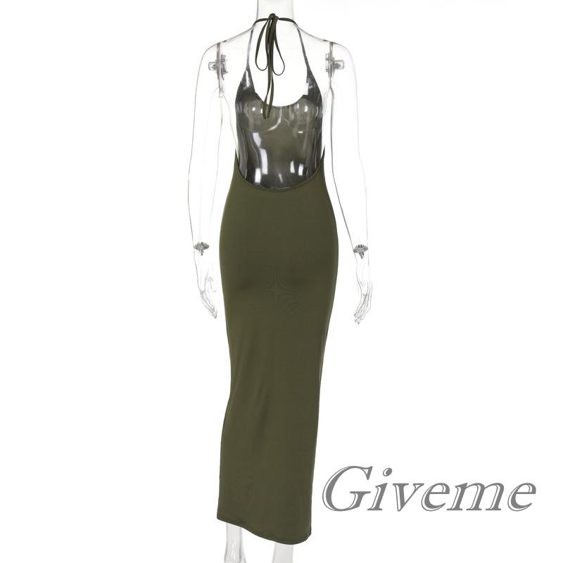 GIVEME-Women Sleeveless Halter Neck Dress, Solid Color Backless Tie-Up Bodycon One-Piece, Low-Cut Long Cocktail Party Dress