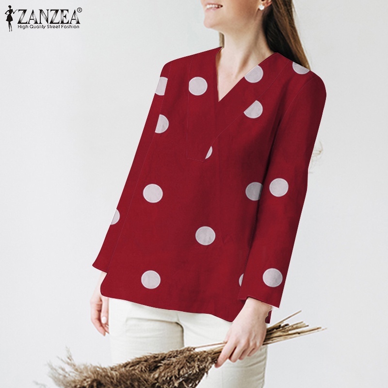 Zanzea Áo Nữ Tay Dài Cổ Chữ V Họa Tiết Chấm Bi Phong Cách Châu Âu