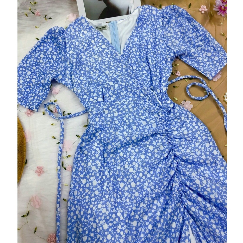 ĐẦM MAXI HOA ĐI BIỂN DÁNG DÀI XẺ TÀ NHÚN RÚT CÓ DÂY BUỘC EO