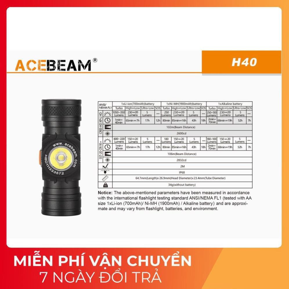 [HÀNG NHẬP KHẨU] Đèn pin và đèn sạc đội đầu đeo đầu ACEBEAM H40 độ sáng 1050lm chiếu xa 102m siêu nhỏ