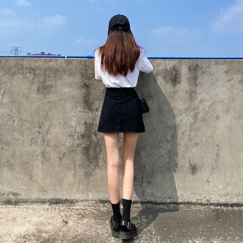 Jiashucheng Chân Váy Denim Đen Lưng Cao Thiết Kế Đơn Giản