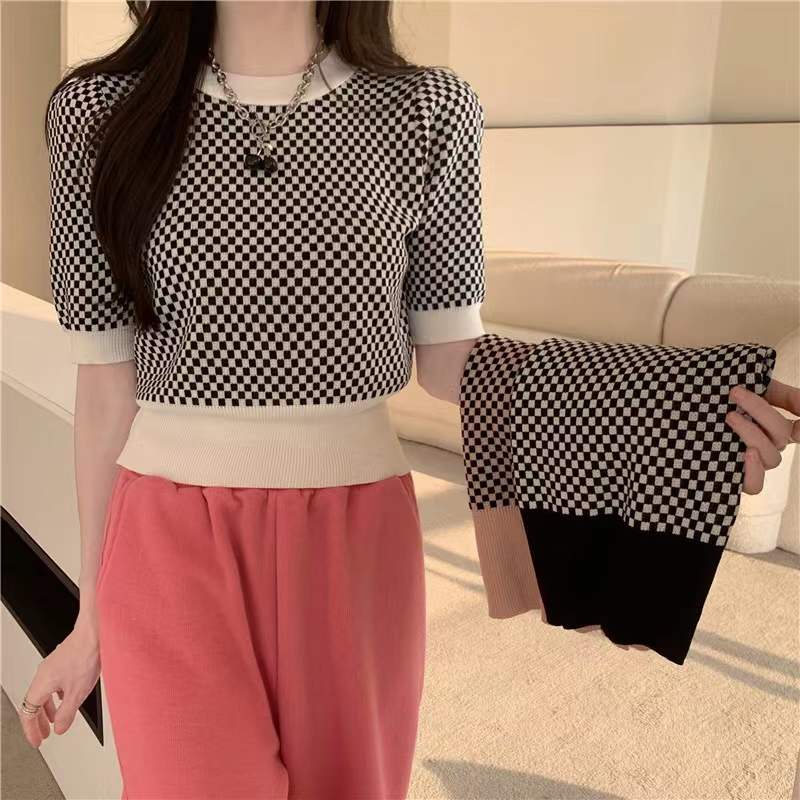 SUXI Áo Sweater Dệt Kim Tay Ngắn Cổ Tròn Dáng Rộng Họa Tiết Kẻ Sọc Màu Sắc Tương Phản Thời Trang Mùa Hè Cho Nữ