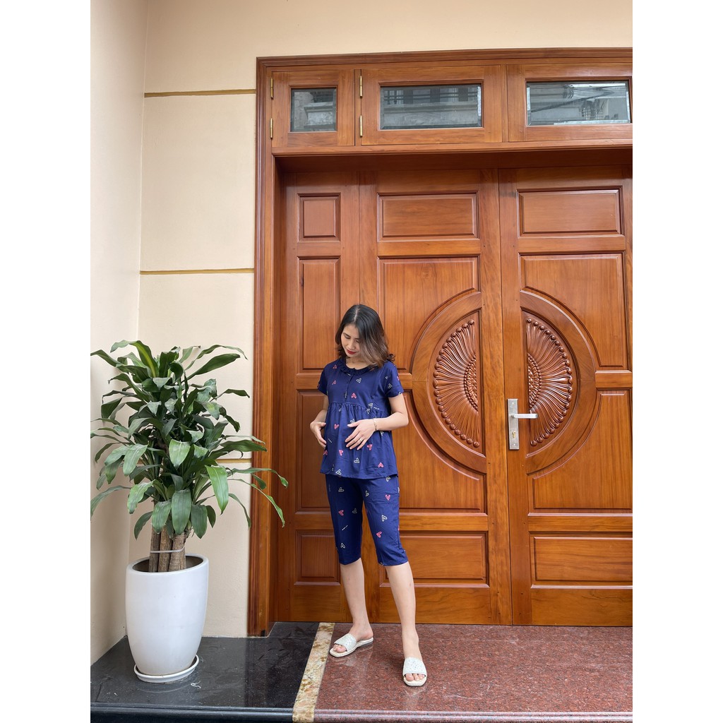 Bộ bầu Lửng tim cổ bèo xinh xắn cho mẹ bầu mặc hè - Bộ đồ bầu sau sinh chất cotton có khoá kéo ti cho con bú