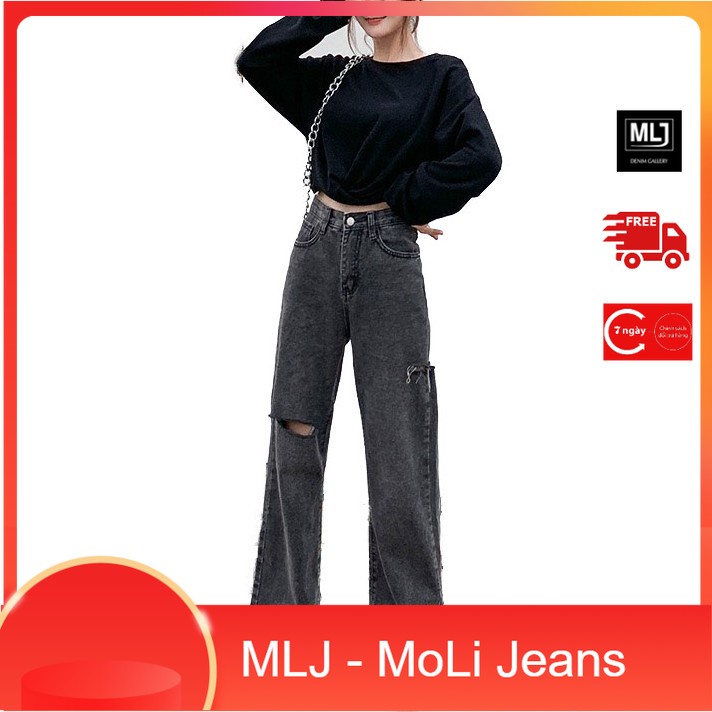 Quần jean baggy ống suông loe rộng lưng cao, phom dài, ống to dài rộng, màu xám đen 3285