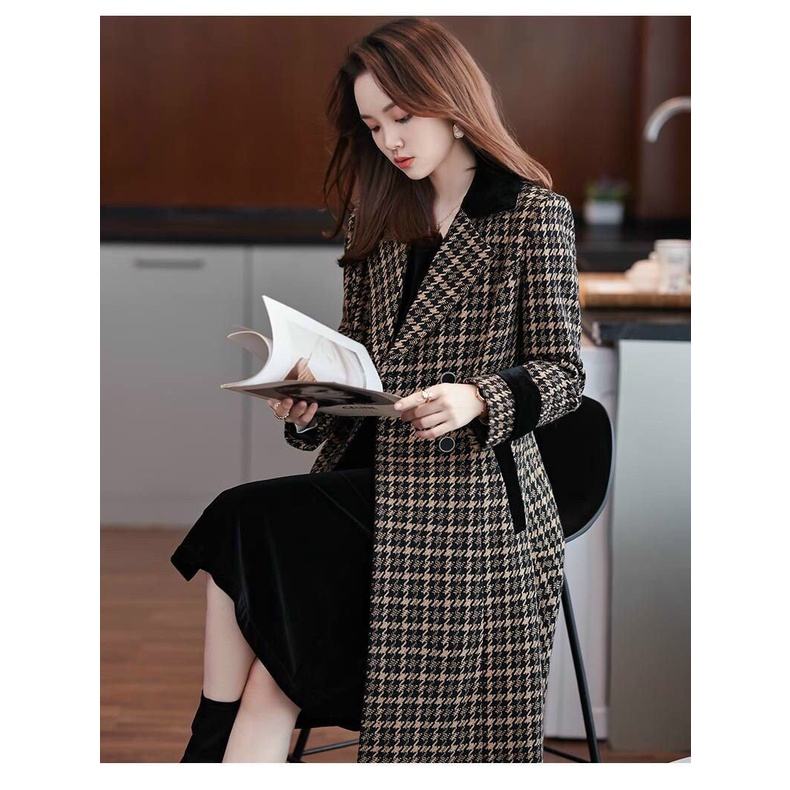 Áo Khoác Nữ, Áo Dạ Dáng Dài  Công Sở Họa Tiết Caro Túi Xéo Cổ Vest Hottrend Siêu Sang