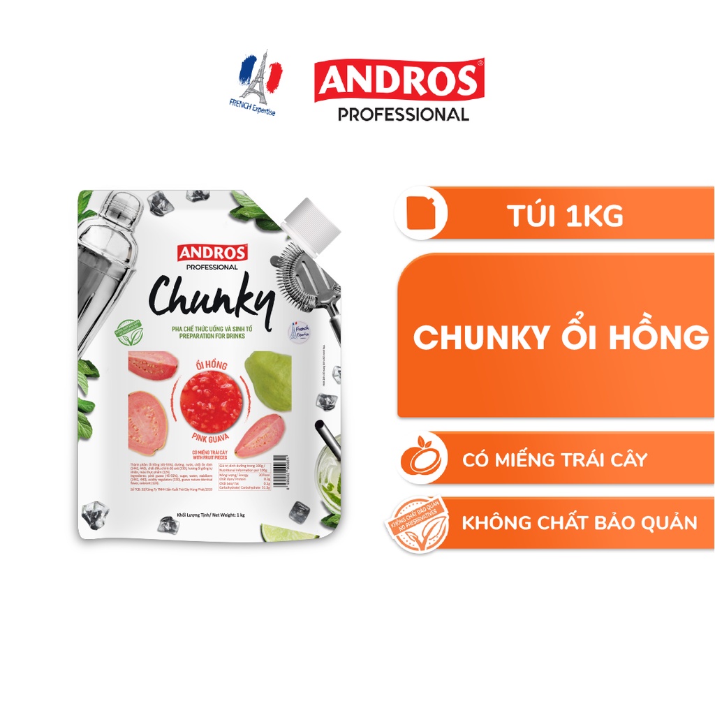 Mứt Trái Cây Pha Chế Ổi hồng - Có miếng trái cây thật - Nguyên liệu pha chế - ANDROS CHUNKY - 1kg