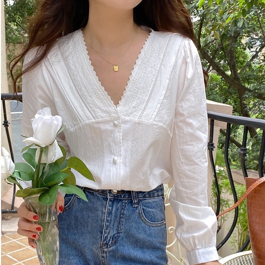 Áo sơ mi trắng PEPPERMINT 45383 dài tay cổ chữ V phối ren thanh lịch phong cách Hàn Quốc