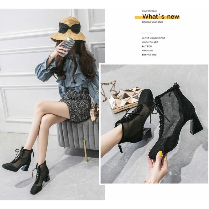 Giày boots cao gót 💋 FREESHIP 💋giày bốt mũi chòn phối lưới thời trang nữ