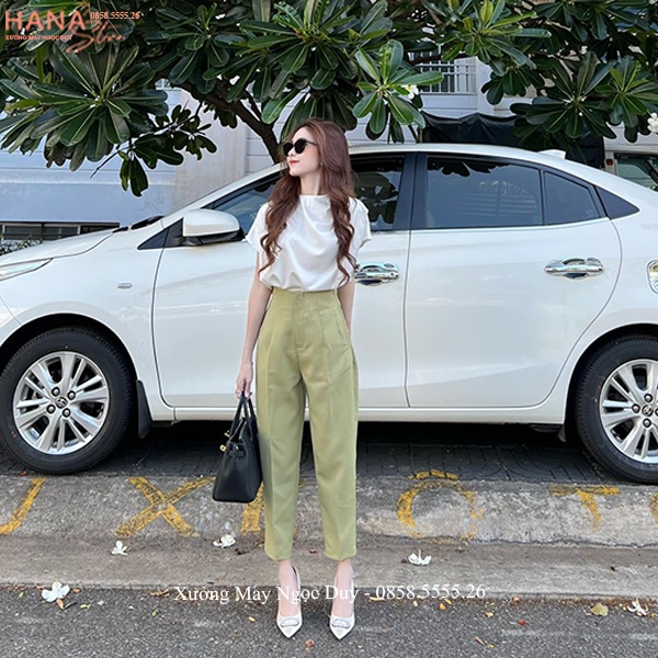 Quần baggy vải nữ cạp cao liền đi học công sở 2 tầng cúc màu Đen Trắng kiểu quần tây nữ lưng cao vải dày mềm co giãn nhẹ