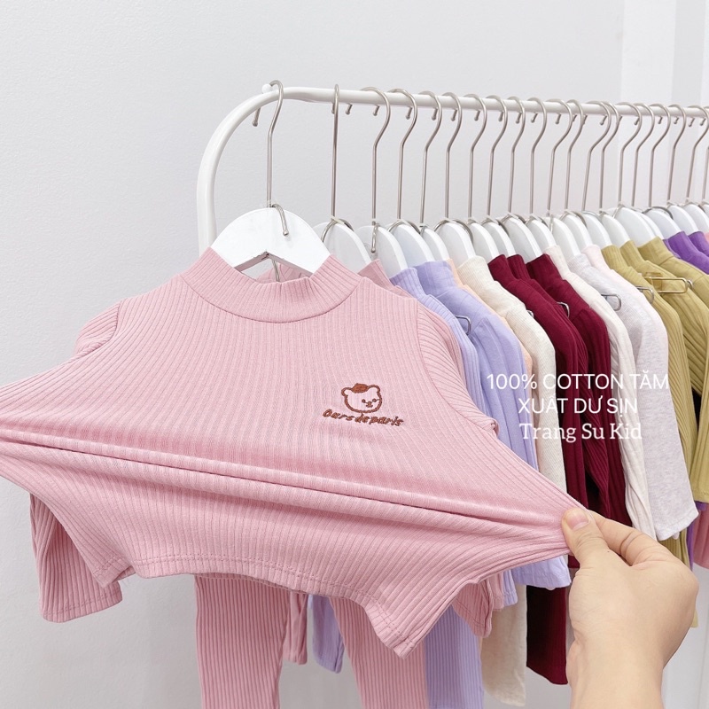 COMBO 3 BỘ TĂM DÀI TAY CỔ 3 PHÂN THÊU GẤU CHO BÉ GÁI.