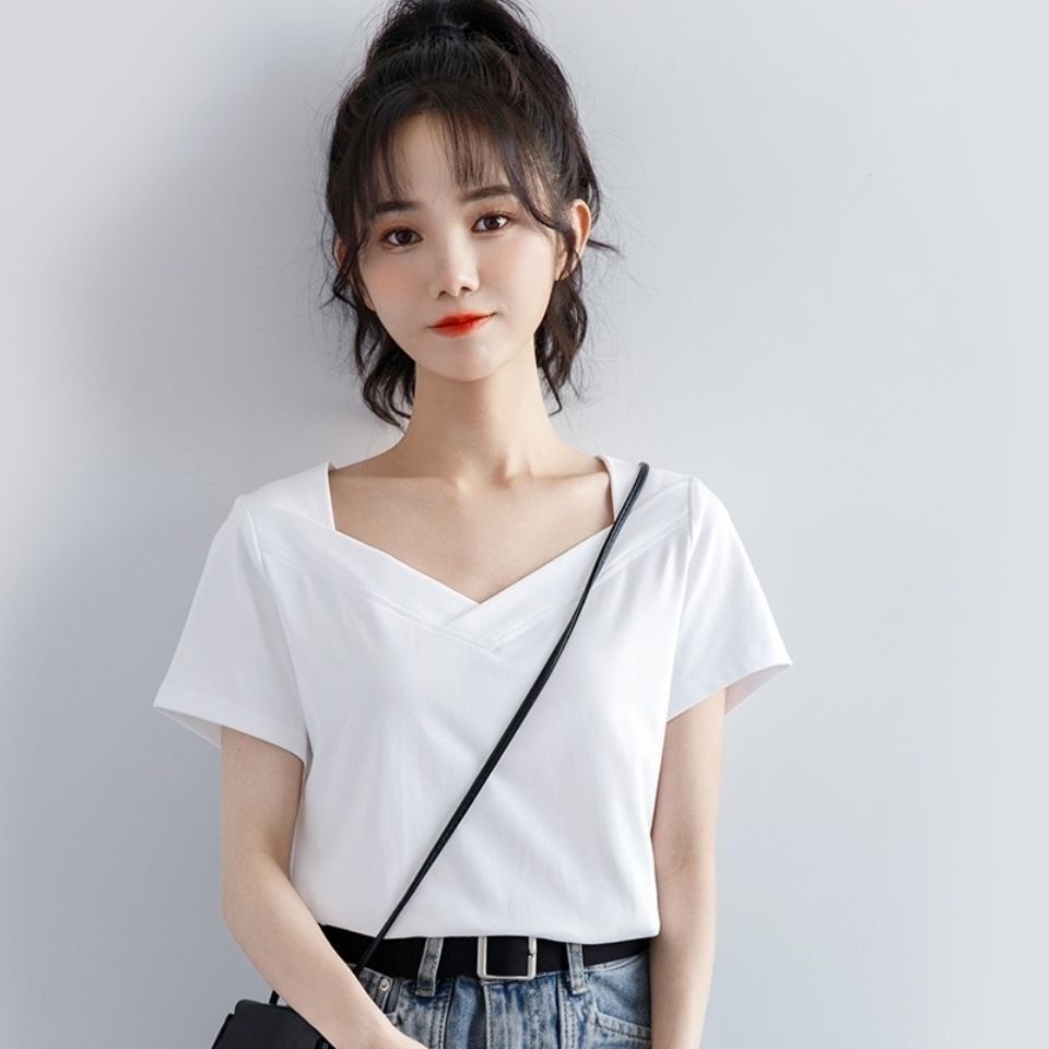 Áo thun tay ngắn cổ vuông màu trơn phong cách Hàn Quốc thời trang cho nữ 2021