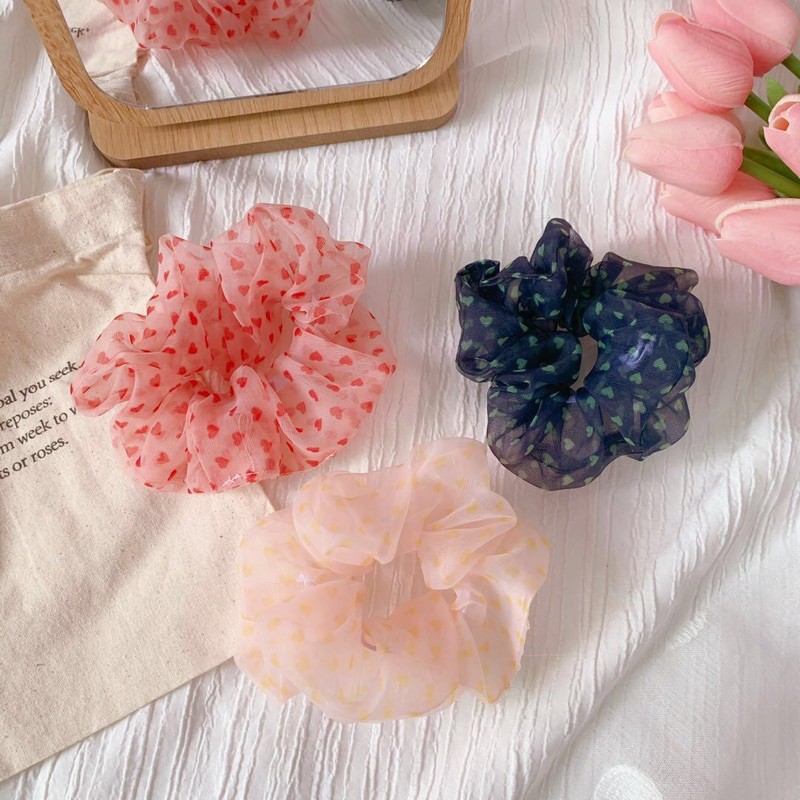 Chun cột tóc scrunchies voan trái tim