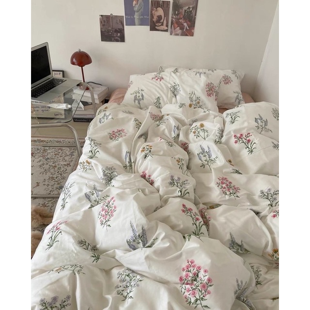 Set Bộ Vỏ Chăn Ga Cotton Living Hoa Nhí, Chất Cotton Mát, Thấm hút Tốt_shinbedding