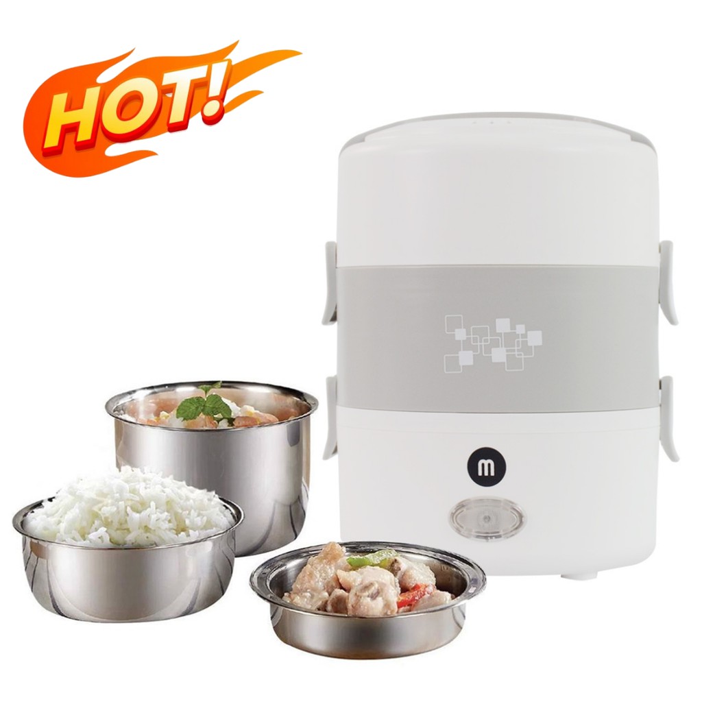 [GIÁ TỐT]Hộp hâm nóng thức ăn Mishio MK182 inox 304 - 3 tầng, có thể nấu cơm, dùng điện