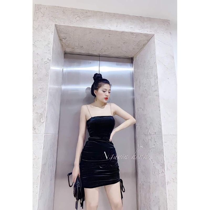 Đầm nhung hai dây nữ ôm body rút eo D108
