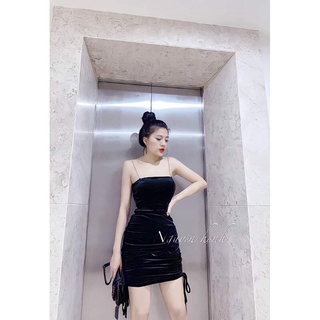 Đầm nhung hai dây nữ ôm body rút eo D108