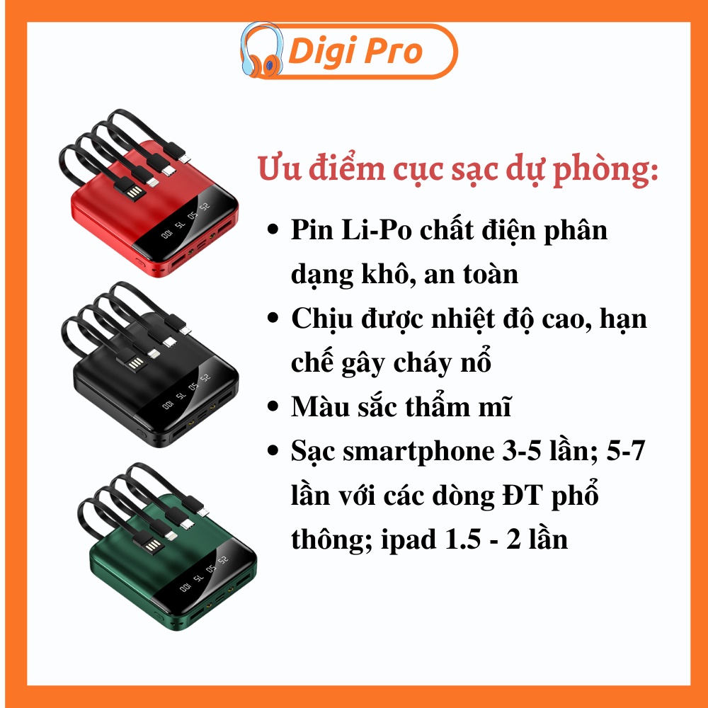 Cục Sạc Dự Phòng 20000mAh đi kèm với cáp sạc Micro, Lightning, Type C có đèn pin, pin lipo chống cháy nổ