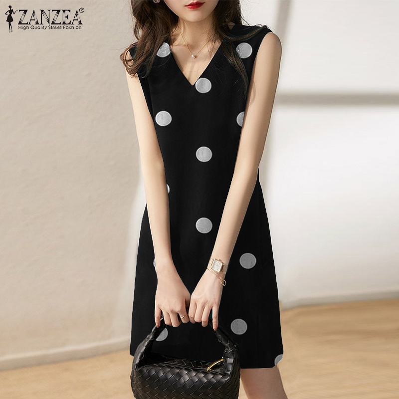 Đầm Ngắn Không Tay Họa Tiết Chấm Bi Thanh Lịch Cho Nữ ZANZEA