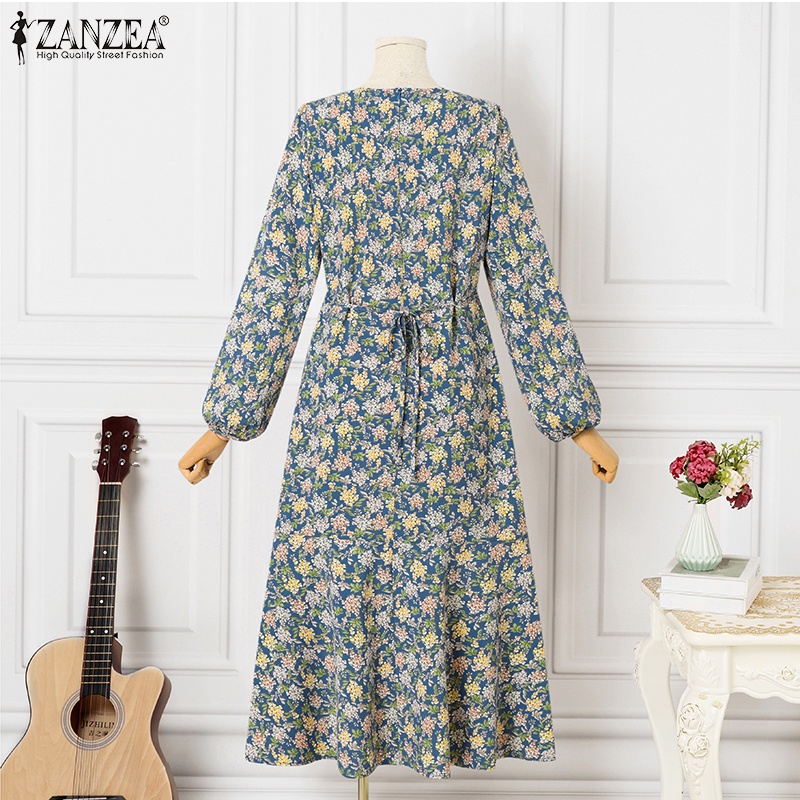 Đầm ZANZEA tay phồng cổ tròn xếp ly họa tiết hoa phong cách thời trang Hàn Quốc cho nữ