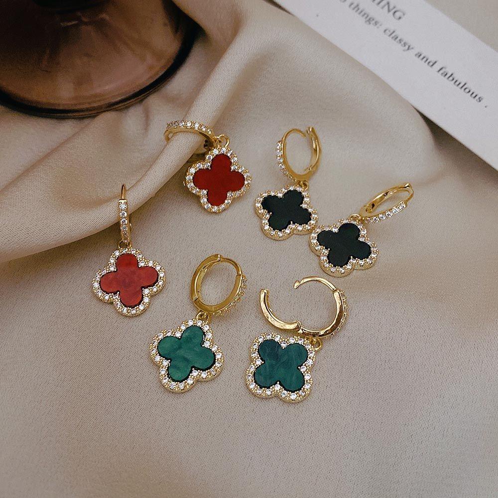 MXGOODS Khuyên Tai Nữ Trang Dáng Tròn Đính Cỏ Bốn Lá Xinh Xắn