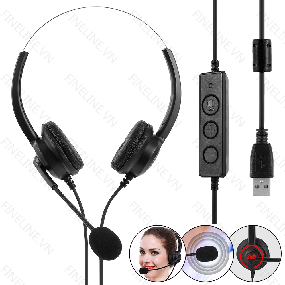 Tai nghe chụp tai tích hợp micro chống ồn kết nối USB gắn máy tính bàn/laptop dùng cho tổng đài viên