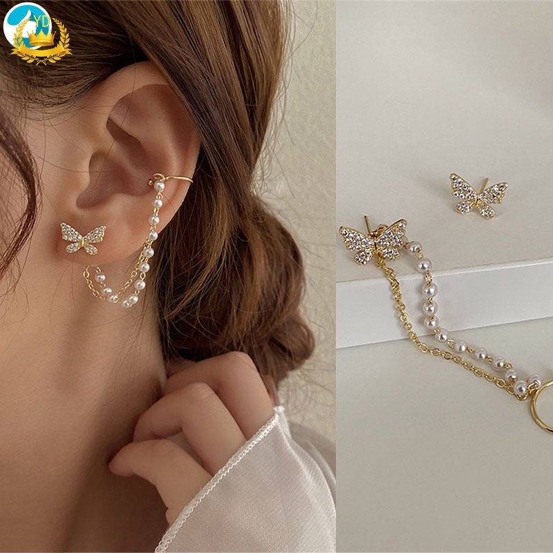 Bông tai dáng dài hình bướm đính đá và ngọc trai thời trang cho nữ