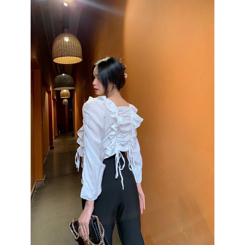 Áo kiểu dài tay màu trắng Lala Top - áo thiết kế chun rút dây bèo dễ mặc from chuẩn basic