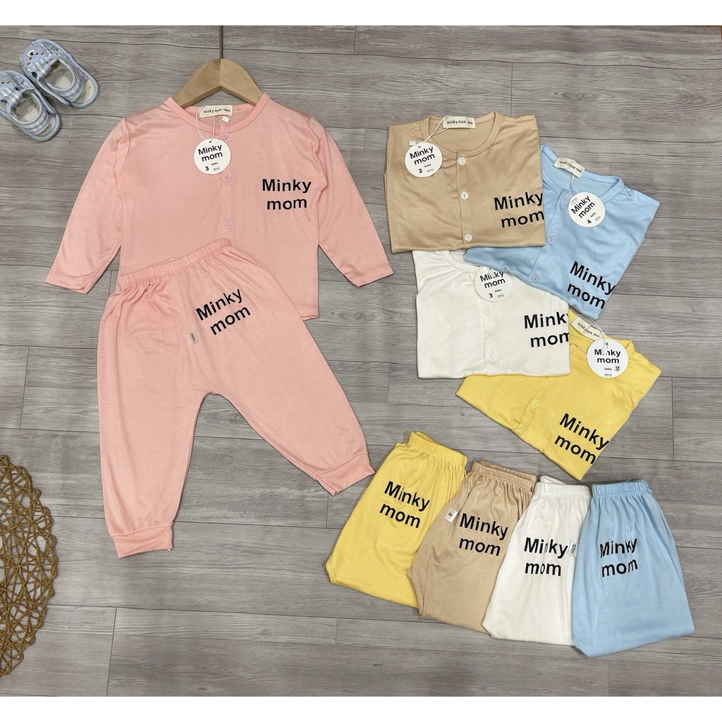 Bộ thun lạnh dài tay Minky mom quần đáp đũng, mác in cho bé sơ sinh đến 2 tuổi (4-14kg)