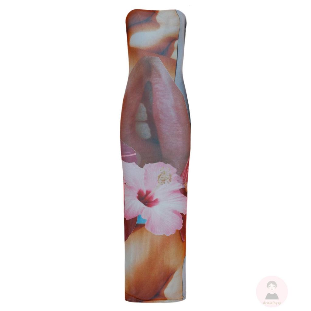 Đầm Cocktail Không Dây Trễ Vai In Họa Tiết Hoa Có Đường Xẻ Cho Nữ Size S/M/L