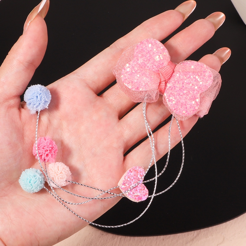 RainBow Bows Set 2 Kẹp Tóc Tua Rua Đính Quả Cầu Lông Và Nơ Lấp Lánh Dành Cho Bé Gái