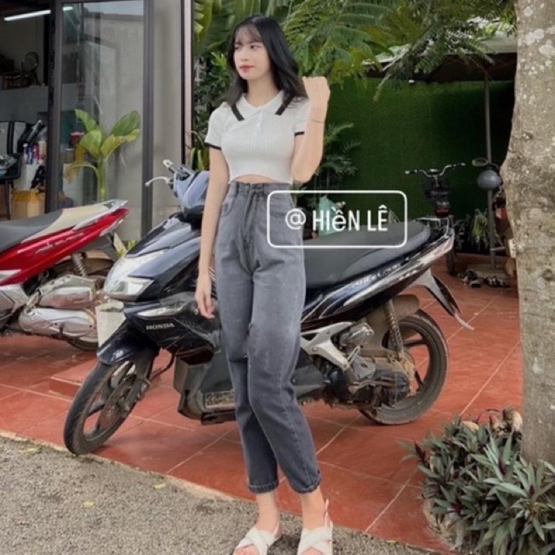 Set baggy jeans loan màu xám + crop petter phối viền