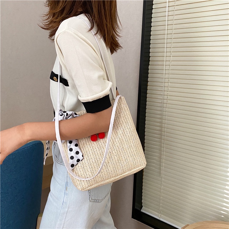 Túi Cói Đẹp Đeo Vai Thời Trang Đi Biển, Đi Du Lịch ( mẫu Cherry)