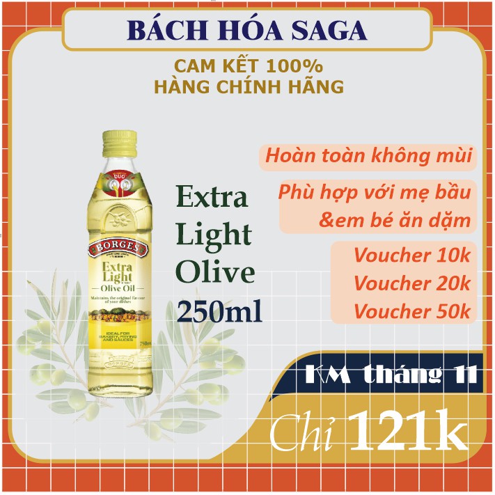 Dầu Olive nguyên chất không mùi Extra Light chai 250ml - Dầu Oliu nhập khẩu chính hãng - Borges Olive Oil