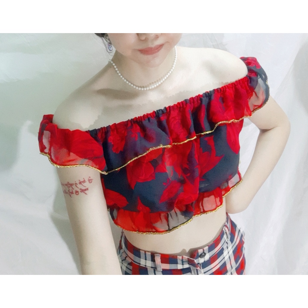thanh lý áo crop top voan rớt vai cute