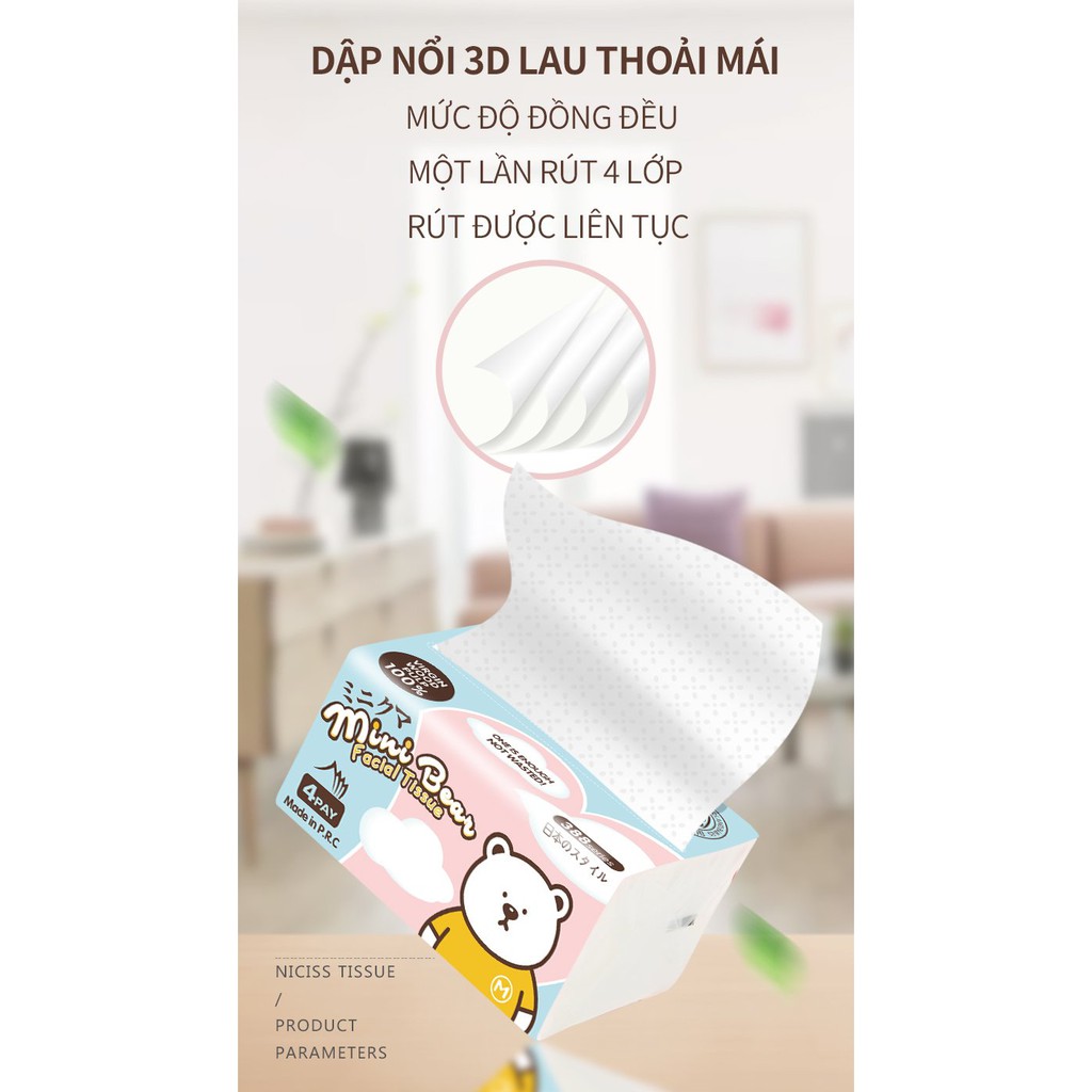 [Mua 6 gói FREESHIP] Khăn giấy rút minibear Nhật 300 tờ 4 lớp chất liệu thiên nhiên, an toàn cho làn da.