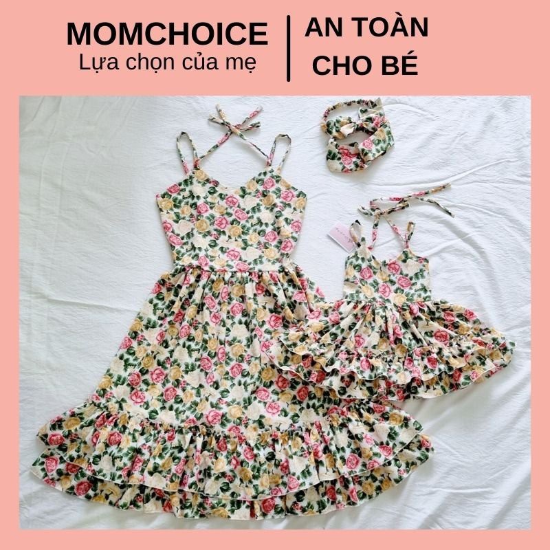 Đầm đôi mẹ & bé gái hoa hồng❤️FREESHIP❤️Set váy đôi mẹ bé chất lụa mềm(mẹ size 42-65kg,bé size 5-30kg)